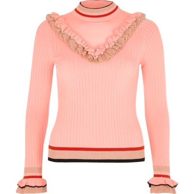 Pink ribbed knit V frill jumper